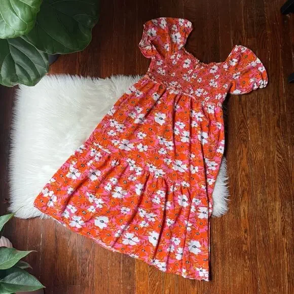 Orange & Pink Floral Print Dress Off the Shoulder - Picture 1 of 6
